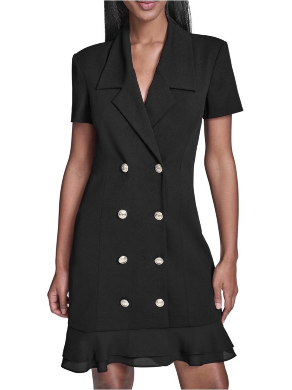 NWOT Karl Lagerfeld Black Double-Breasted Short Sleeve Dress with Ruffle Hem